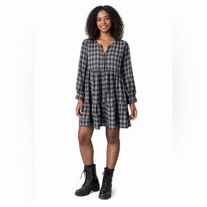 Nasty Gal Black & Gray Plaid Button-Front Tiered Mini Dress